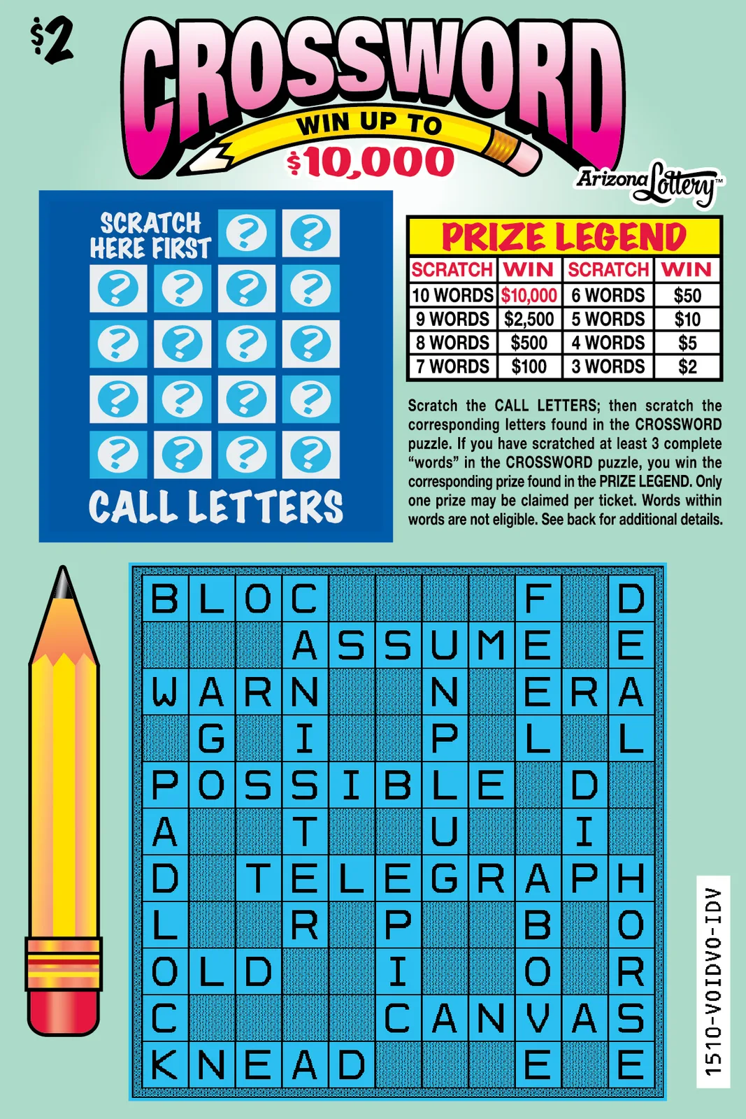 Crossword #1510 Arizona scratch-off ticket