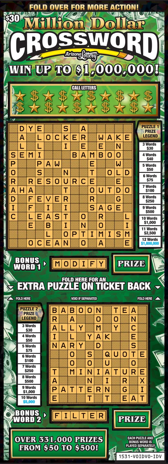Million Dollar Crossword #1531 Arizona scratch-off ticket