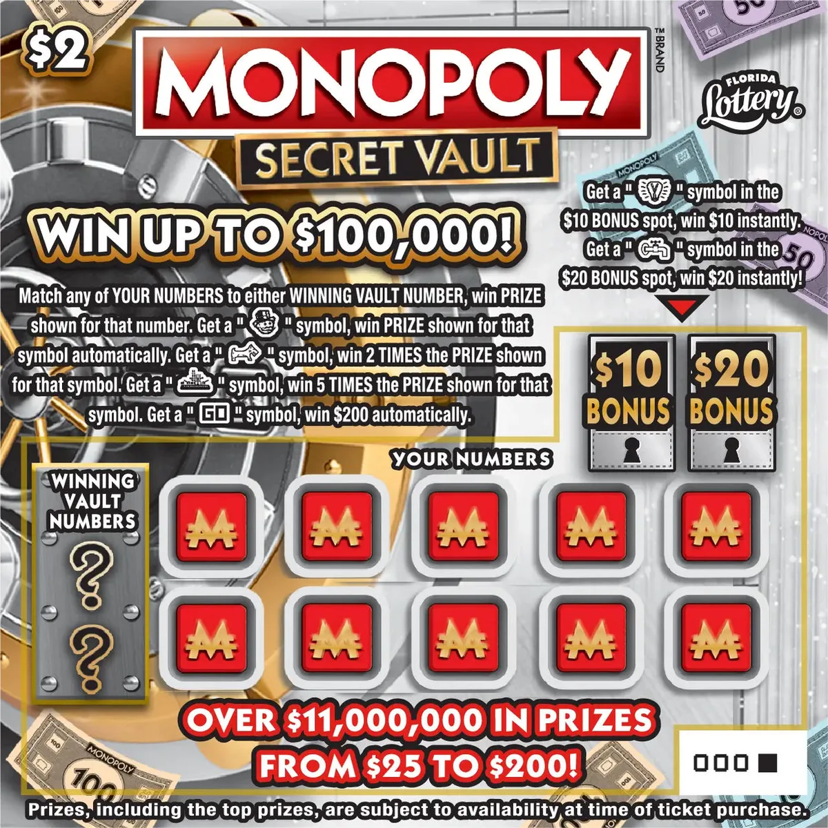$2 MONOPOLY™ SECRET VAULT Florida scratch-off ticket