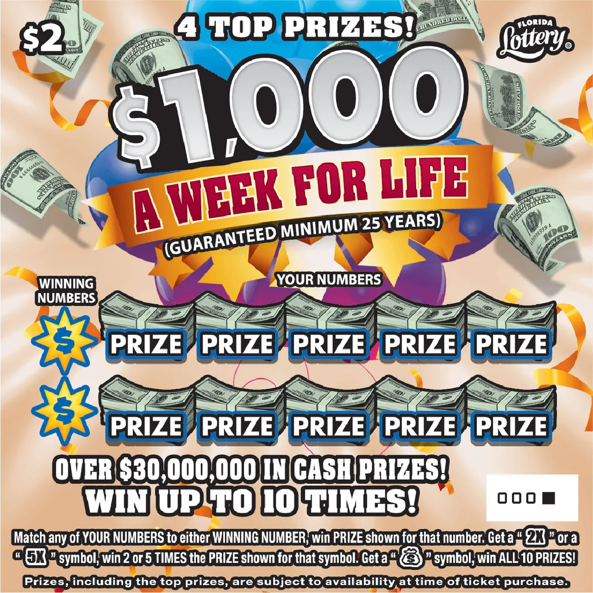 $1,000 A WEEK FOR LIFE Florida scratch-off ticket