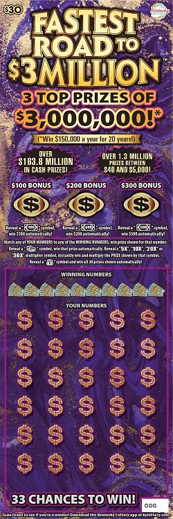Fastest Road to $3 Million™ Kentucky scratch-off ticket