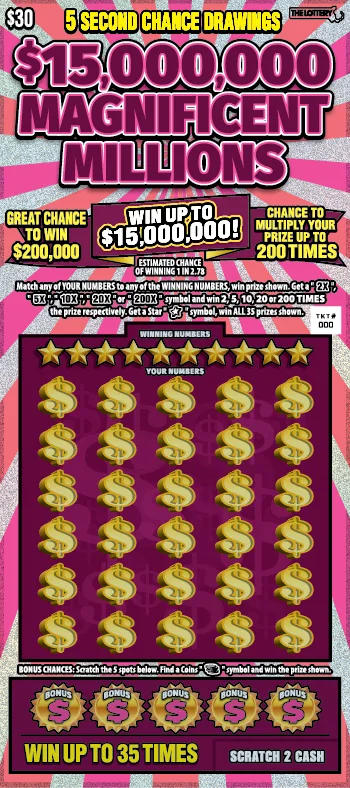 $15,000,000 Magnificent Millions Massachusetts scratch-off ticket