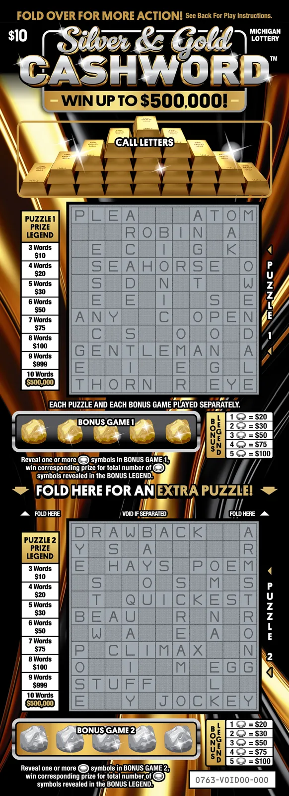 Silver & Gold Cashword Michigan scratch-off ticket