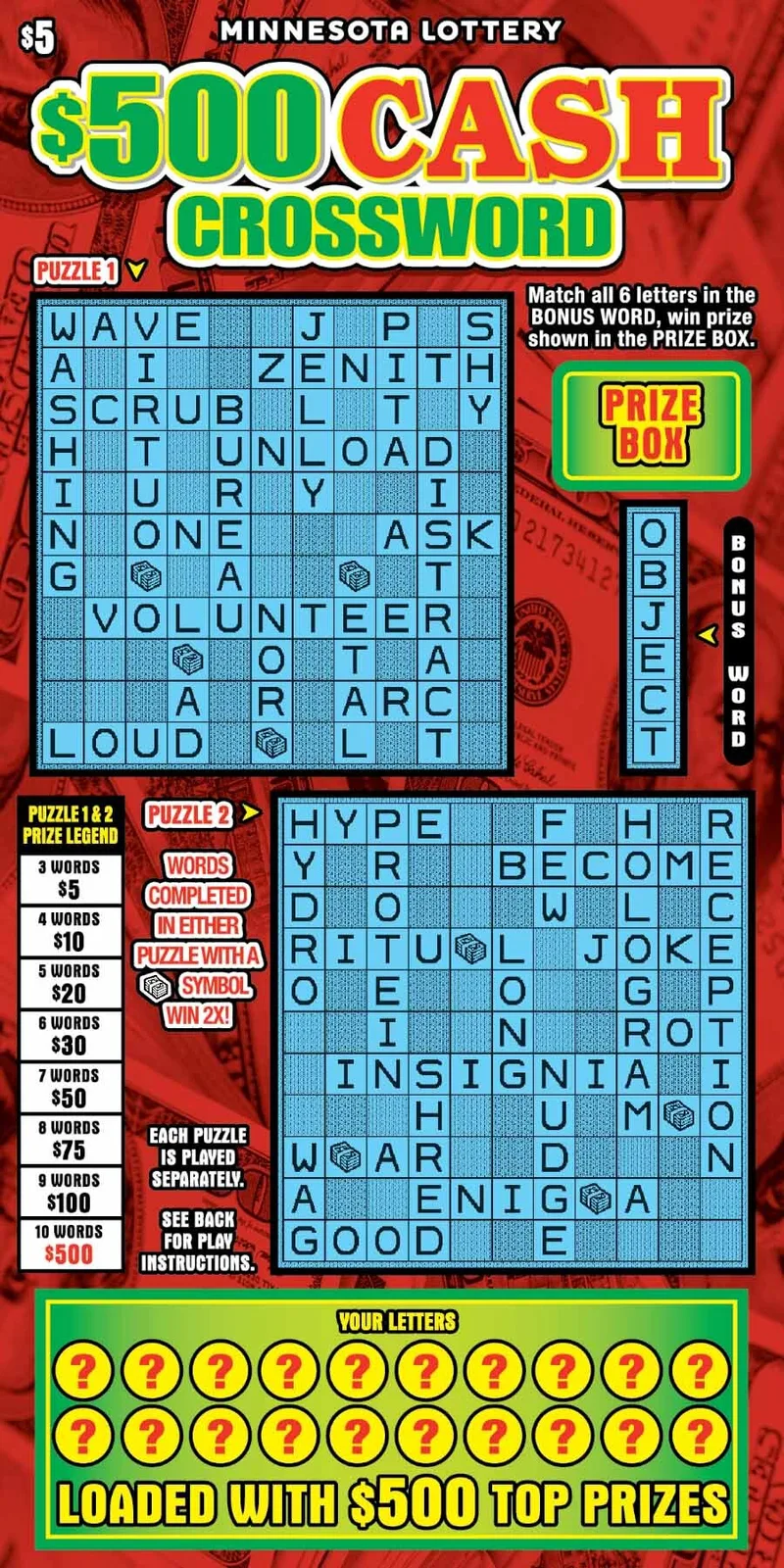 $500 CASH CROSSWORD Minnesota scratch-off ticket