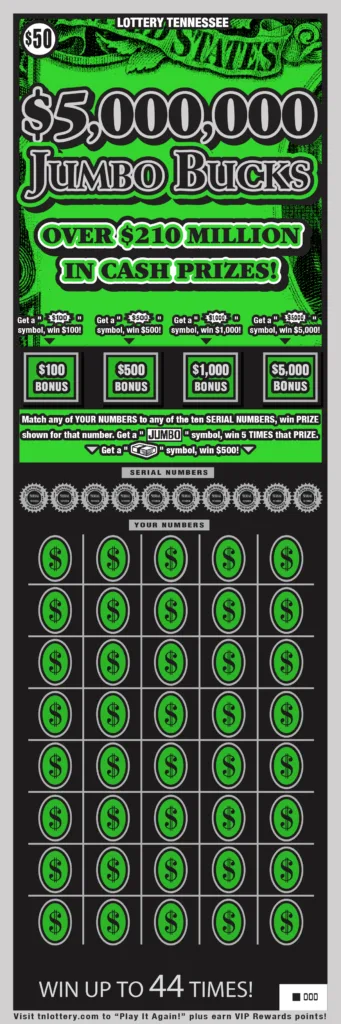 $5,000,000 Jumbo Bucks Tennessee scratch-off ticket