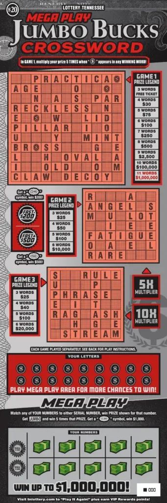 Mega Play Jumbo Bucks Crossword Tennessee scratch-off ticket