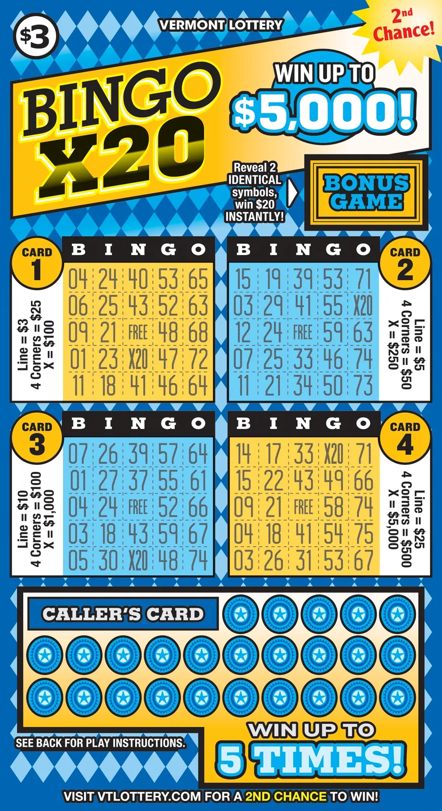 Bingo X20 Vermont scratch-off ticket