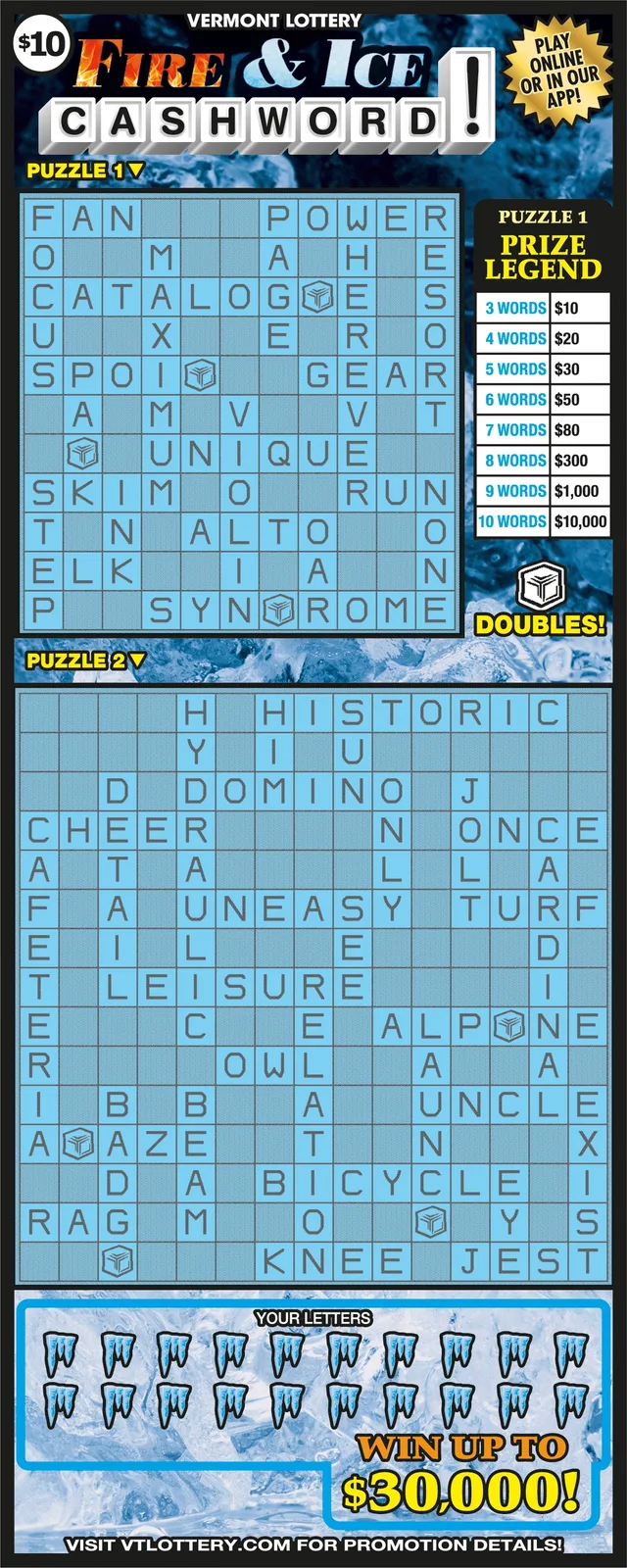 Fire & Ice Cashword! Vermont scratch-off ticket