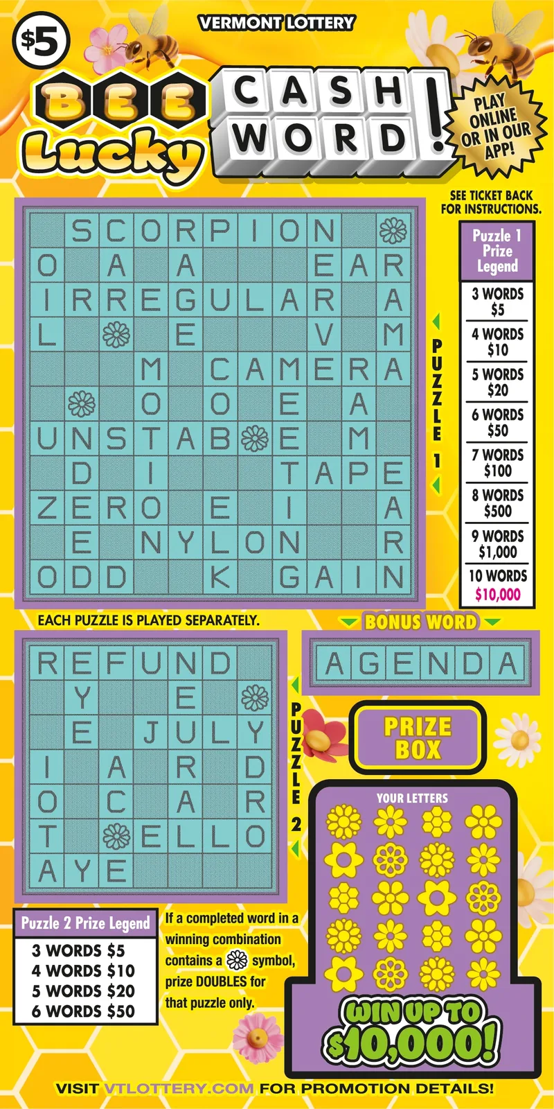 Bee Lucky Cashword! Vermont scratch-off ticket