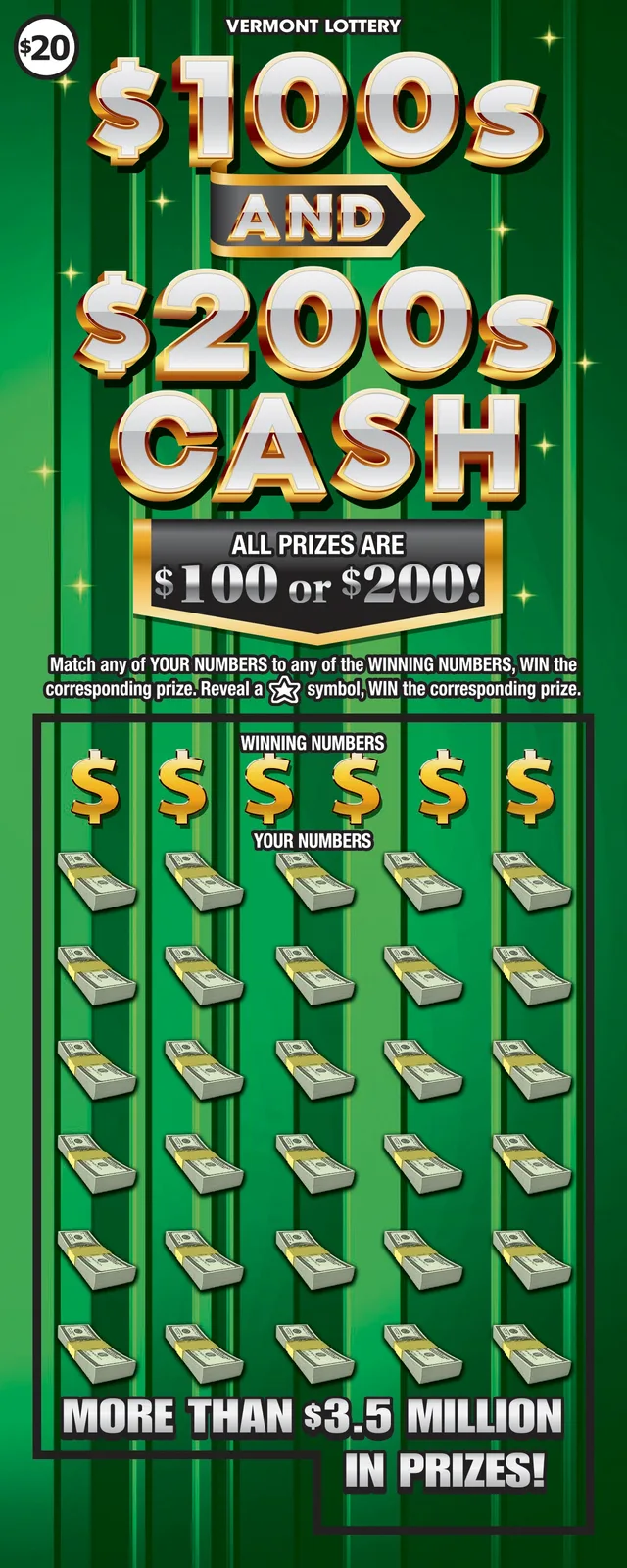 $100s and $200s Cash (#1888) Vermont scratch-off ticket