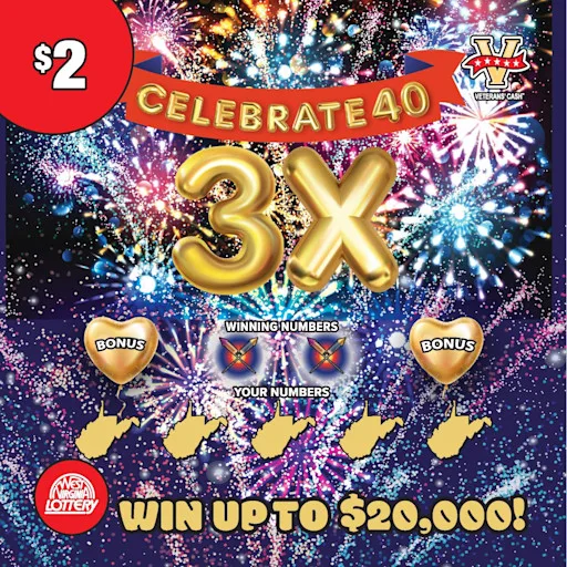 CELEBRATE 40 3X West Virginia scratch-off ticket