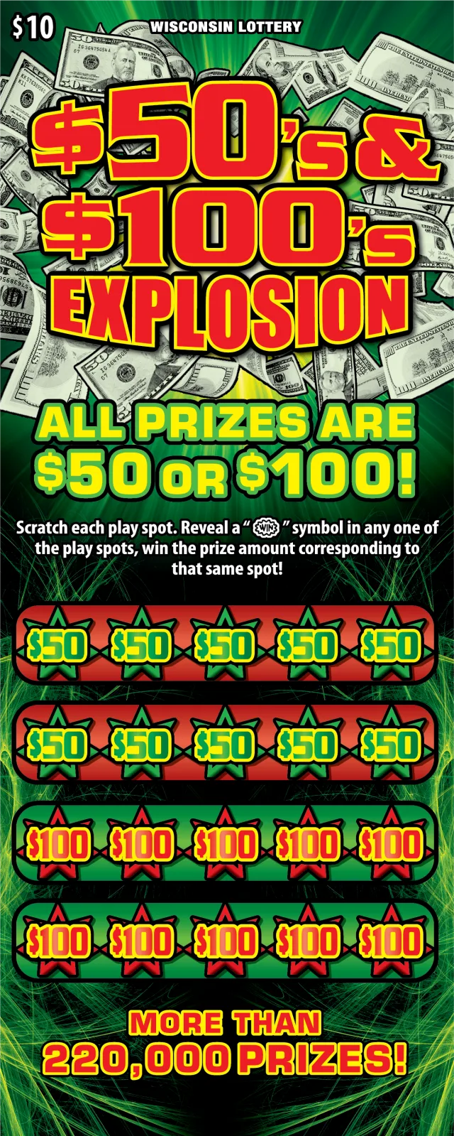$50S & $100S EXPLOSION Wisconsin scratch-off ticket